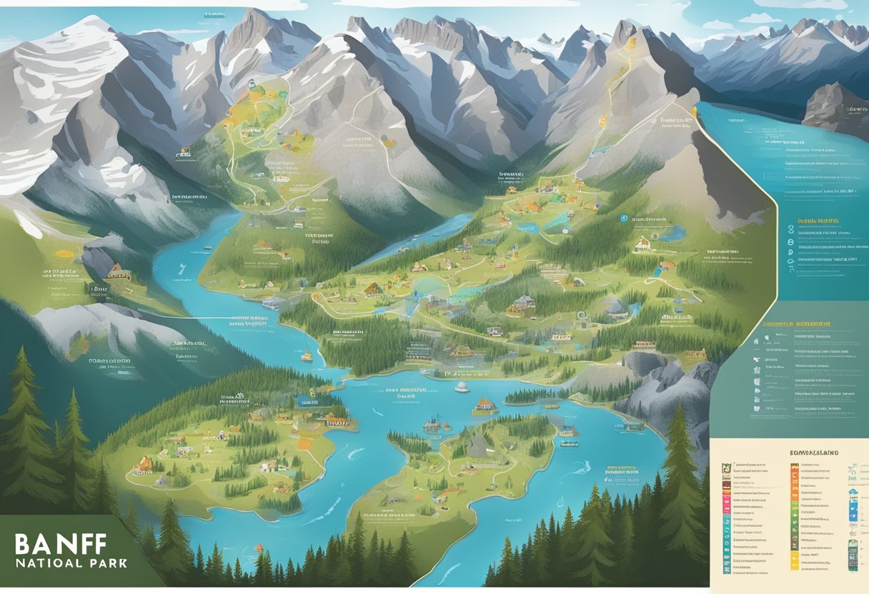 A map of Banff National Park with highlighted attractions and a list of recommended activities