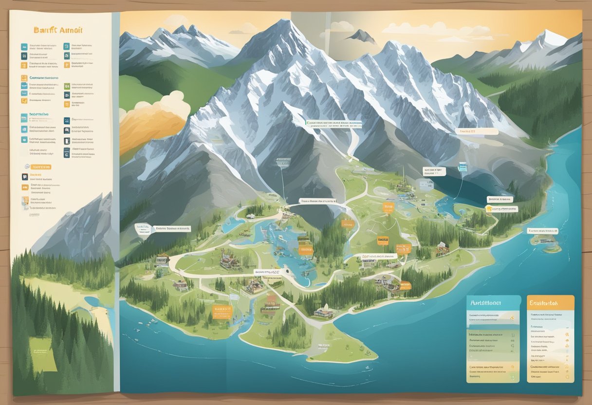 A map of Banff with labeled attractions, a checklist of activities, and a calendar with highlighted dates