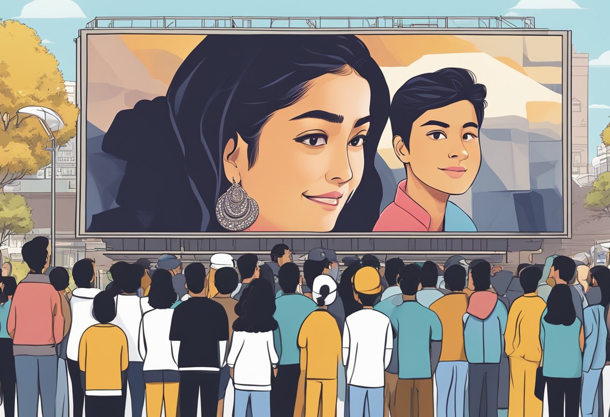 A crowd gathers around a billboard featuring Rashmika Mandanna's image, with headlines and articles about her height, age, boyfriend, and family