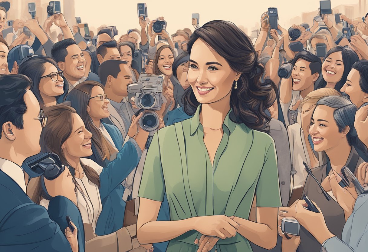 A woman's portrait displayed at a public event, surrounded by media and fans, exuding confidence and influence