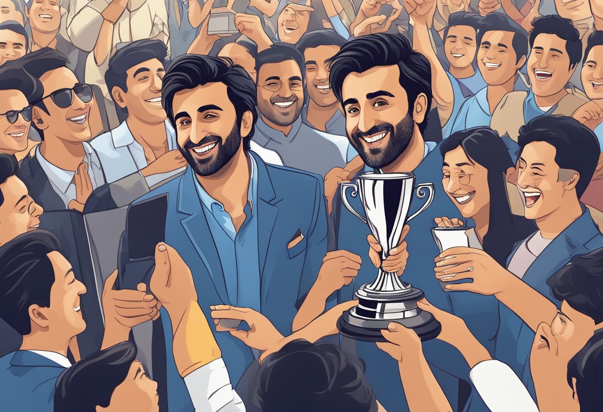 Ranbir Kapoor at awards ceremony, surrounded by fans and media, holding trophy, smiling