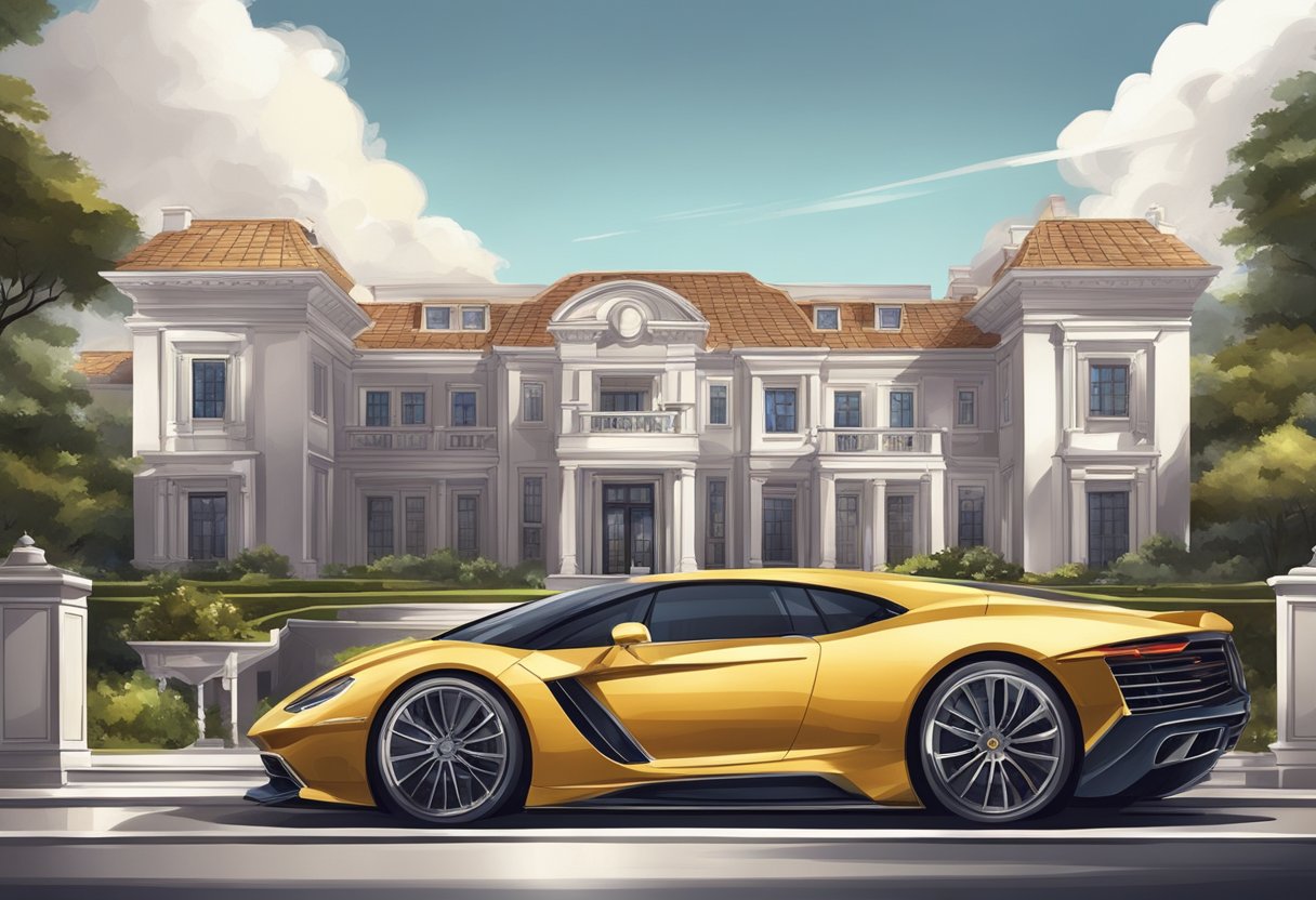 A luxurious mansion with expensive cars and designer clothing, symbolizing wealth and opulence