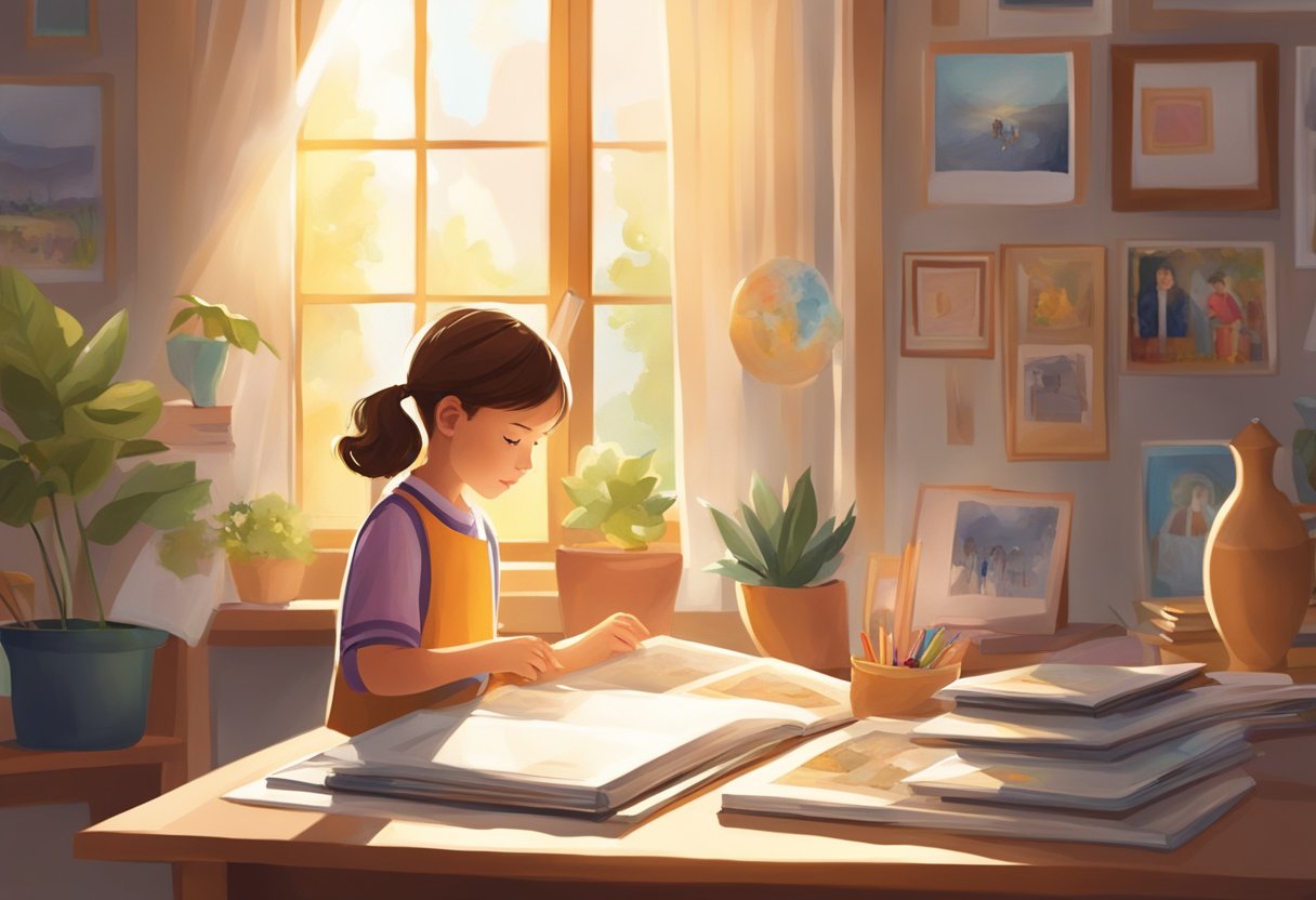 A young girl stands in front of a family photo album, surrounded by pictures and mementos. Sunlight streams through the window, casting a warm glow on the scene