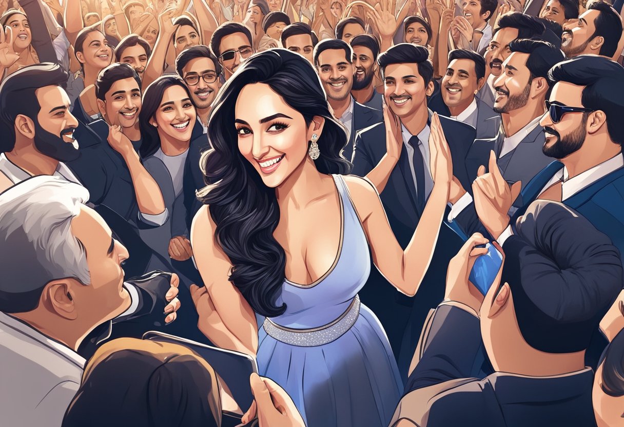 Kiara Advani at a film premiere, surrounded by fans and media, smiling and waving. Bright lights and cameras flashing. Glamorous attire and confident posture