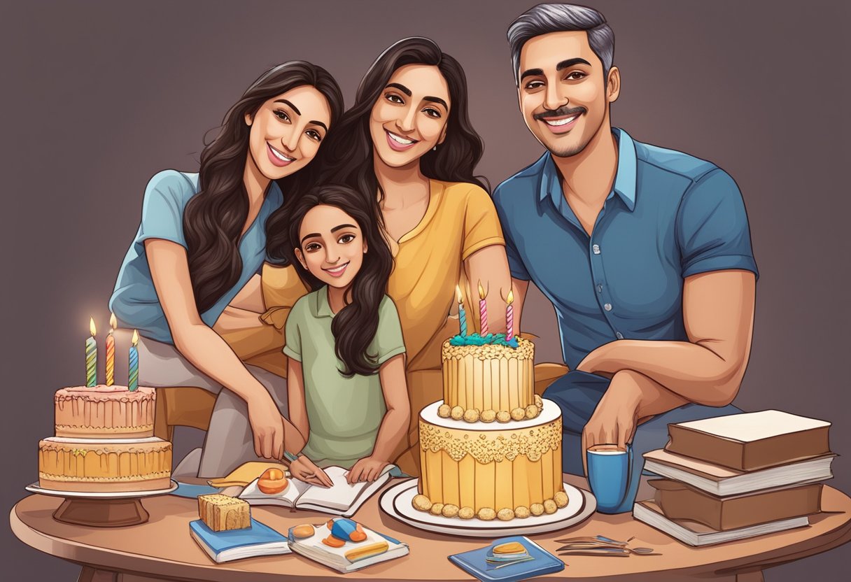Kiara Advani's personal life: family portrait, age on a birthday cake, boyfriend and husband photos, and a biographical book on a table
