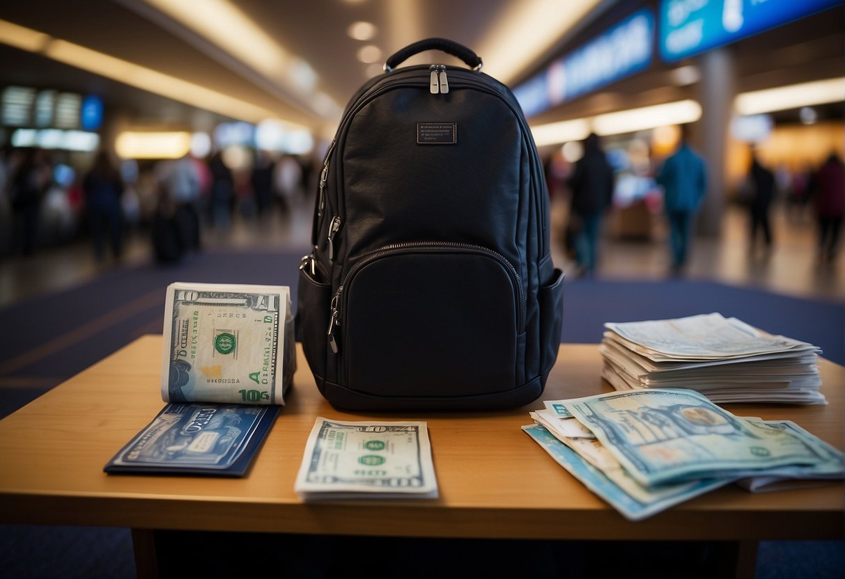 A traveler packs a small backpack with essentials, maps, and a guidebook. They research budget accommodations and transportation options. A currency exchange booth and a budget airline ticket counter are visible in the background