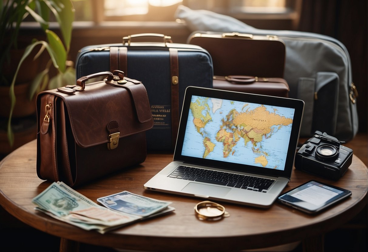 A map, passport, and wallet on a table. A laptop open to a budget travel website. A suitcase with clothes spilling out