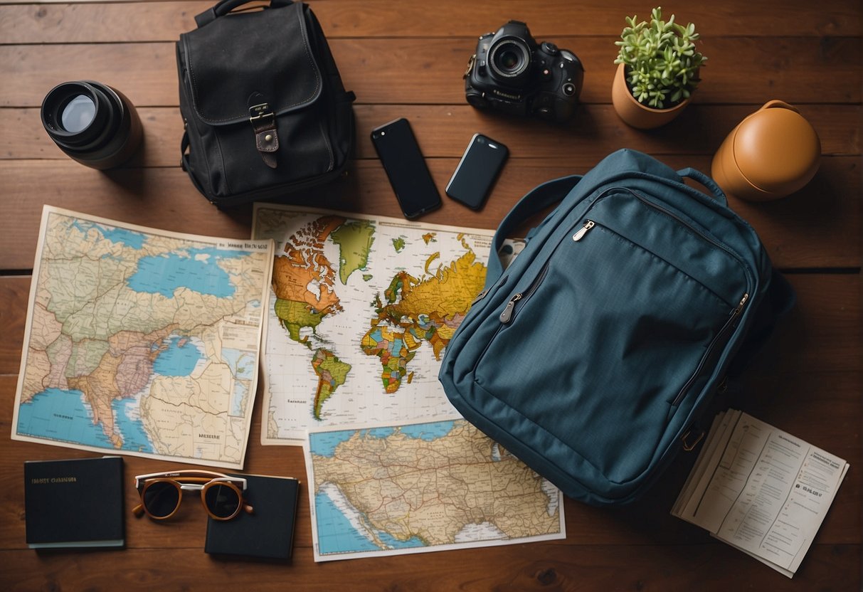 A traveler packs a small backpack with essentials, a map, and a passport. They research budget-friendly accommodations and transportation options