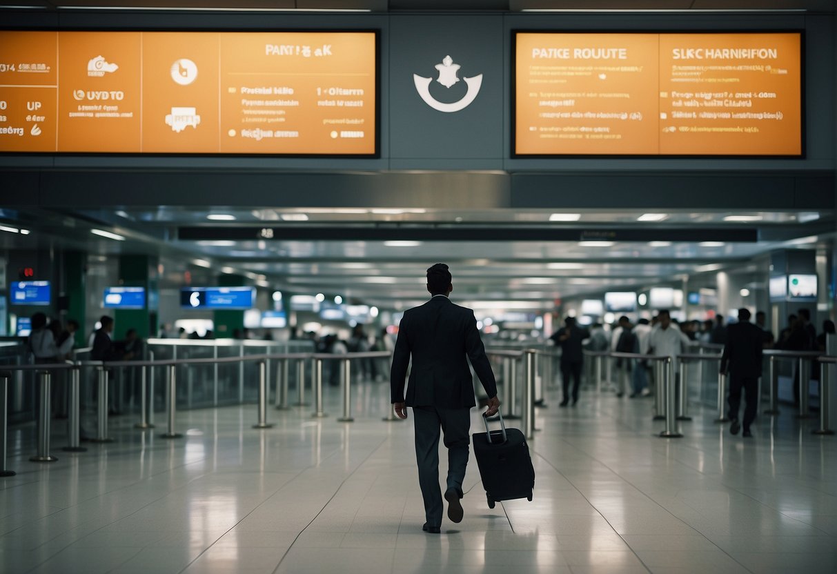 Overseas Pakistani approaches airport gate, presents documents, and passes through security for visa-free entry