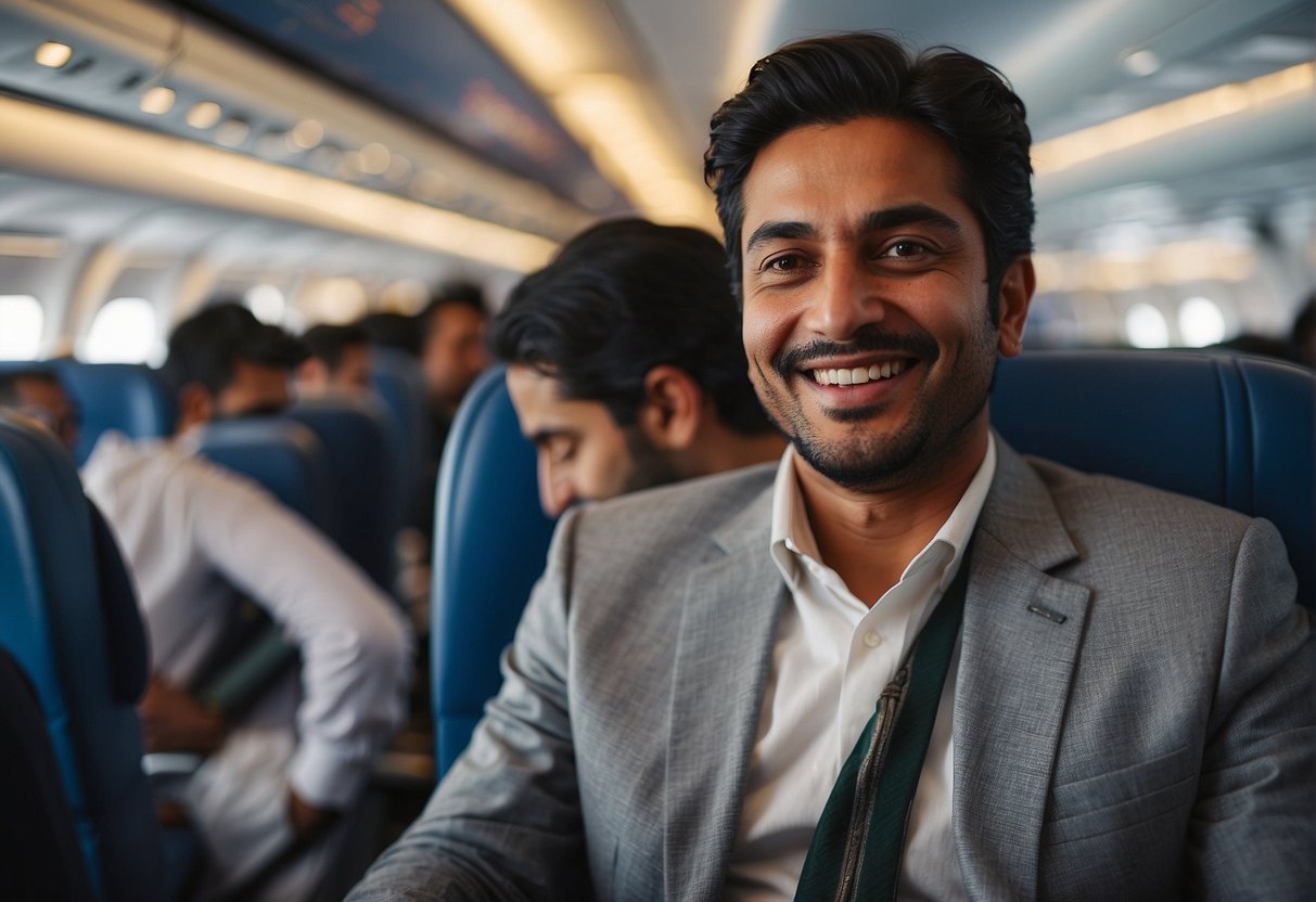 Overseas Pakistani boarding a plane without a visa. Smiling and relaxed