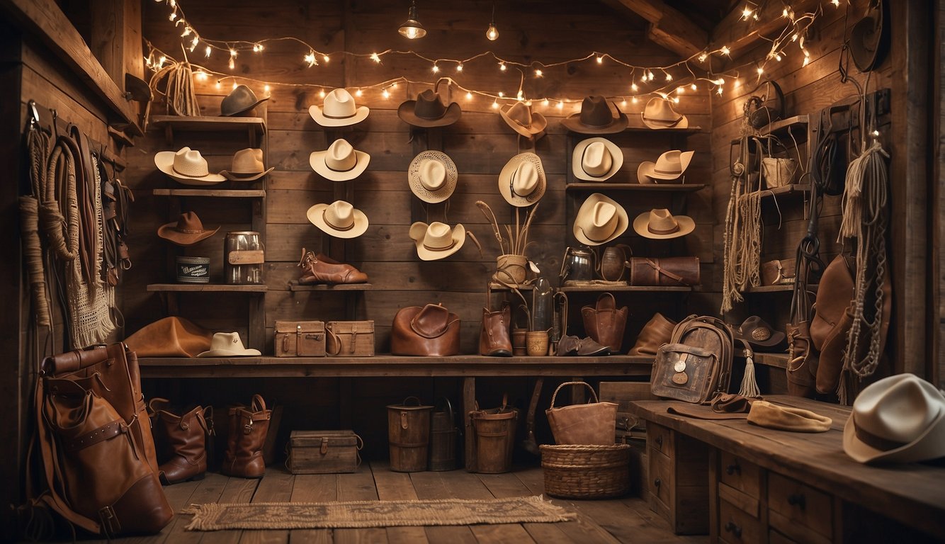 A group of cowgirl-themed decorations and props fill the room, including cowboy hats, bandanas, and a lasso hanging on the wall Cowgirl Themed Bachelorette Party
