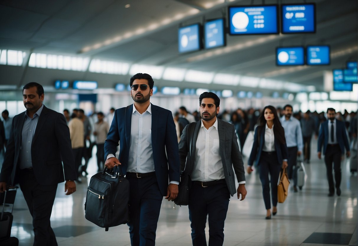 Overseas Pakistanis rushing to board a plane, passports in hand, navigating through crowded airport terminals, seeking a way back home without a visa