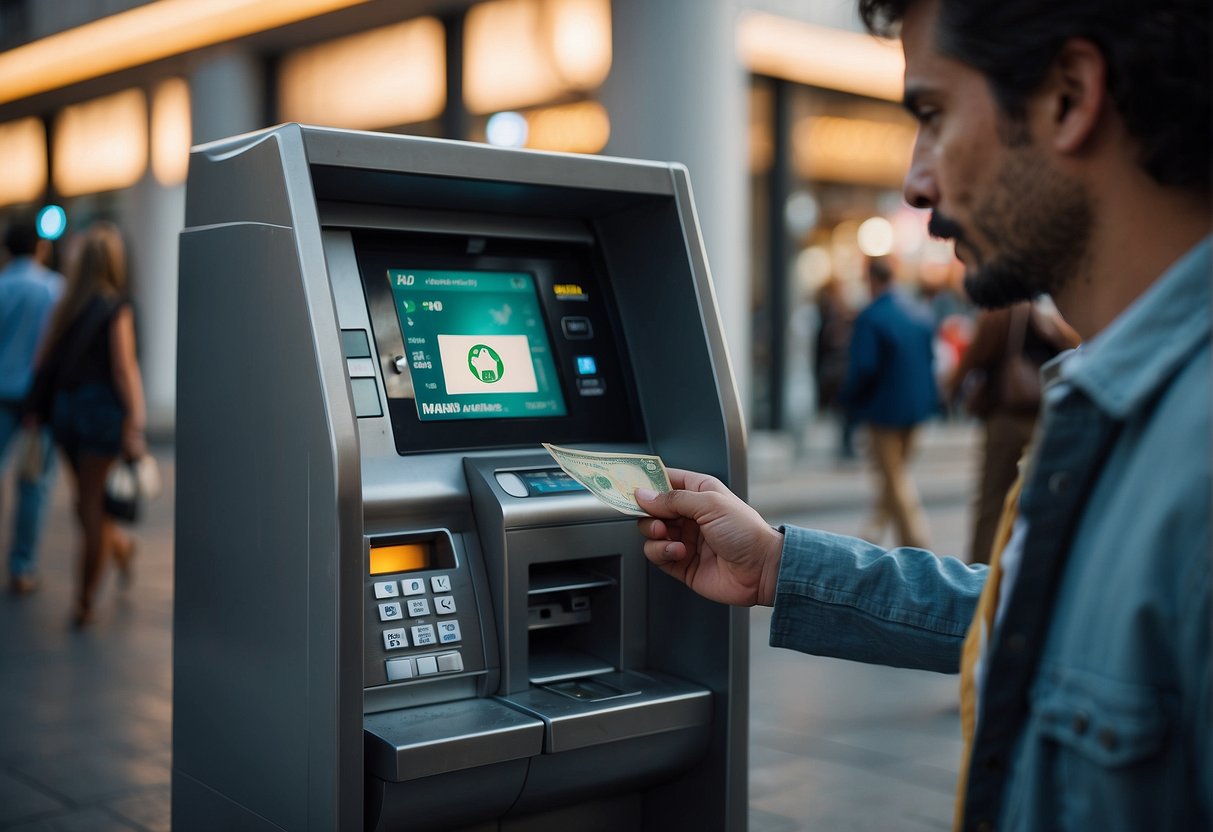 A traveler uses an ATM machine with a foreign currency sign, inserting their card and receiving cash