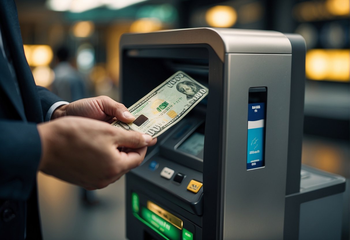 A traveler swipes a credit card at an ATM in a foreign country, with currency exchange rates displayed on the screen