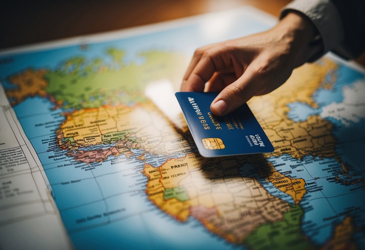 A hand reaches for a credit card in front of a map of the world, with a debit card nearby. A passport and plane ticket sit on the table