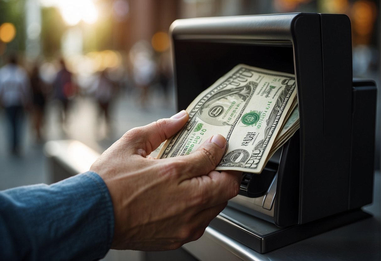 A hand reaches into a wallet, pulling out a stack of cash. A passport and an ATM card are visible nearby. A map of the world is in the background