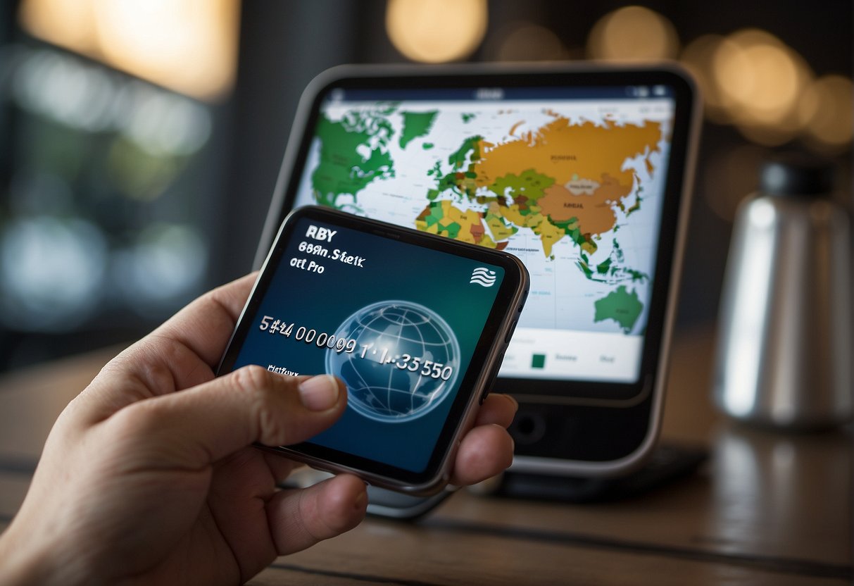 A smartphone displaying digital payment apps, with a world map in the background. A hand holding a passport and a credit card nearby