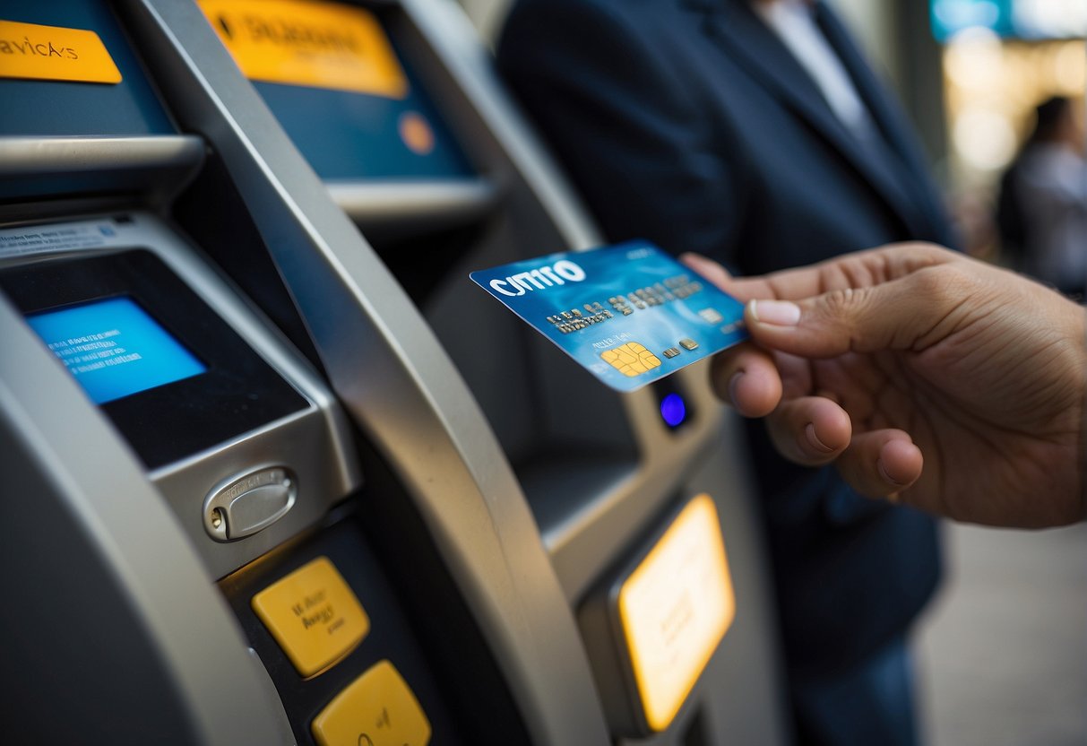 A person swipes a prepaid travel card at an ATM abroad. Nearby, traveler's checks are being exchanged for local currency at a bank counter