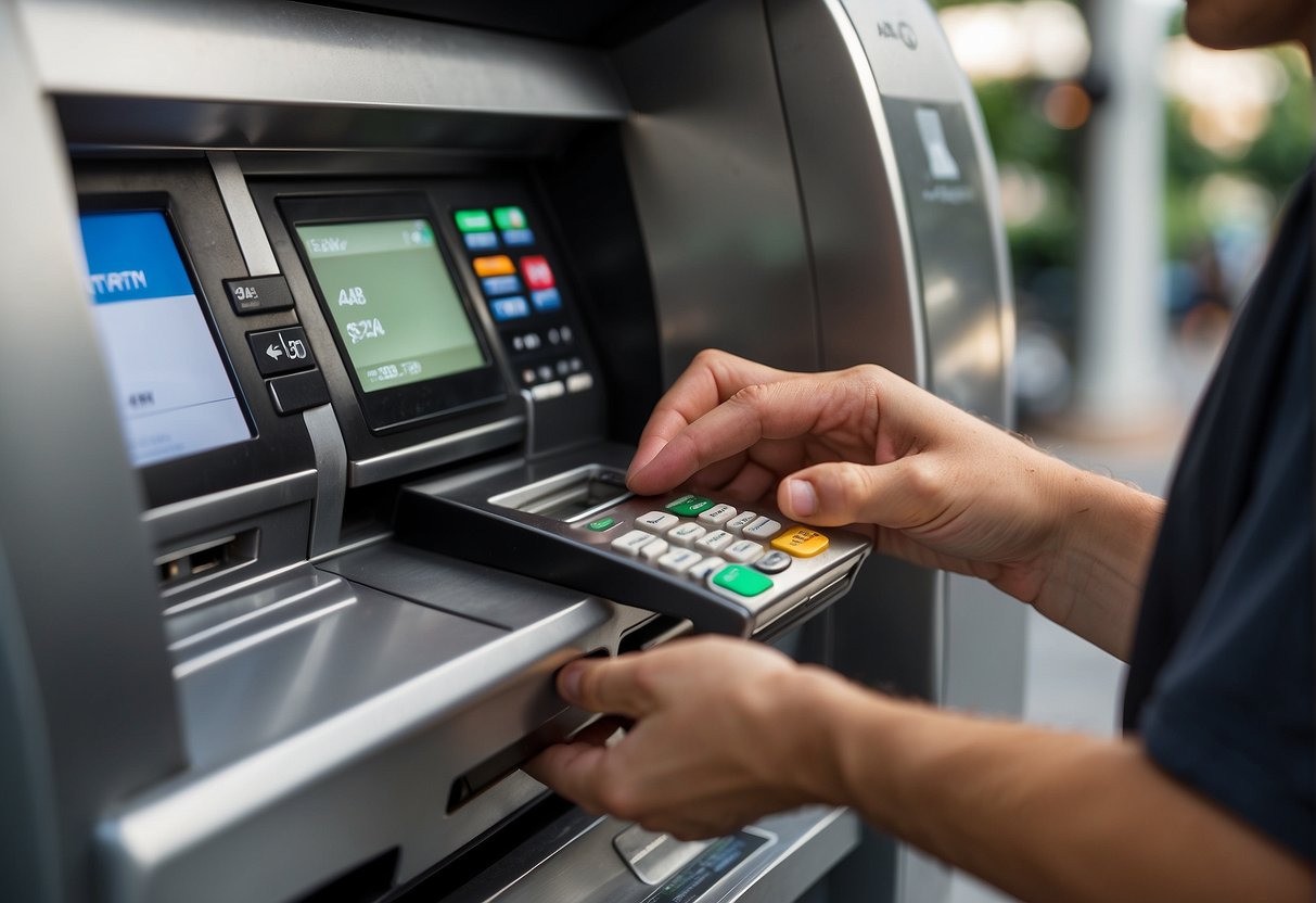 A traveler's hand inserts a bank card into an ATM machine abroad, with a map and foreign currency in the background