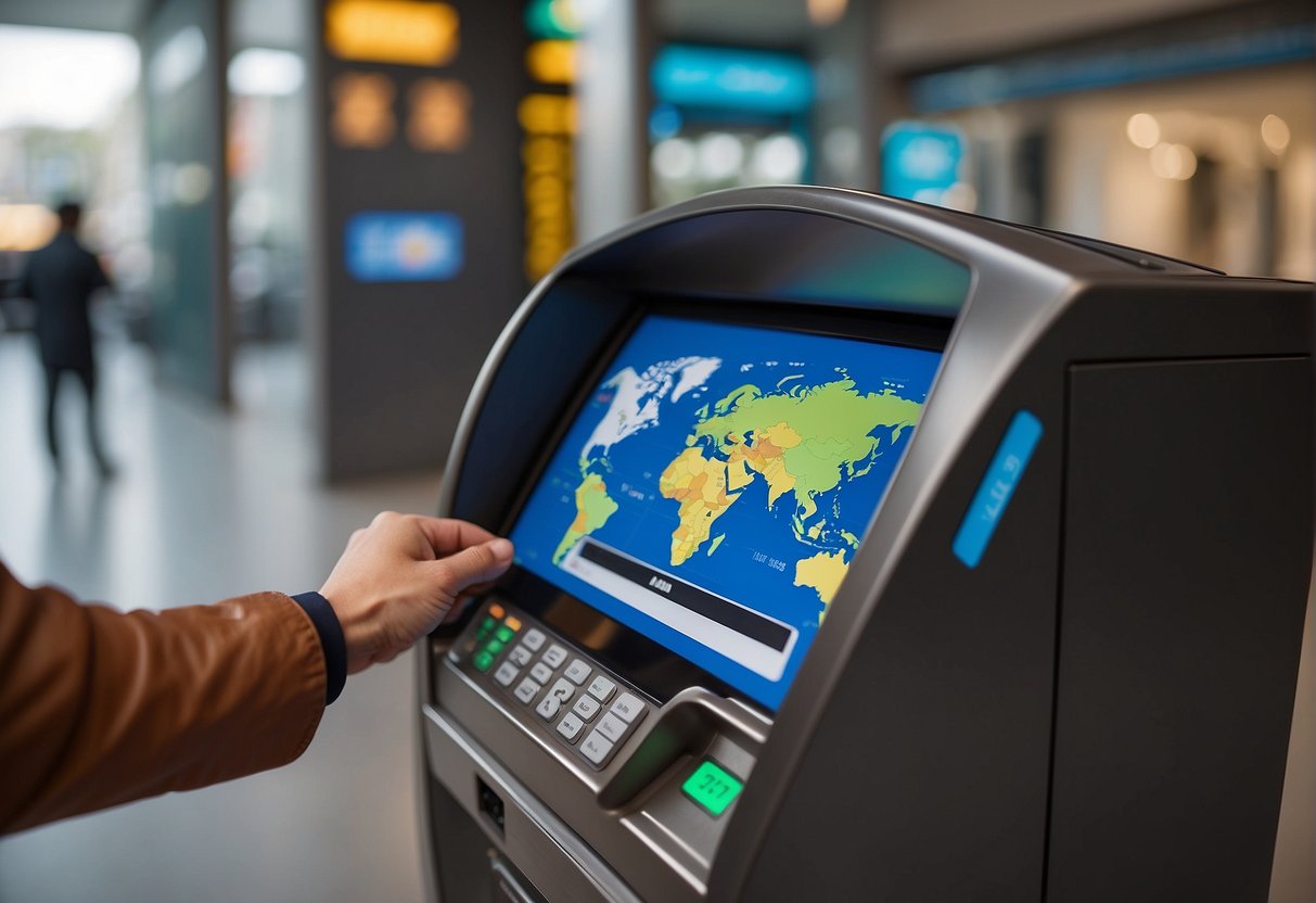 A traveler standing in front of an international ATM, inserting a card and entering a pin, while a map of the world is displayed on the screen