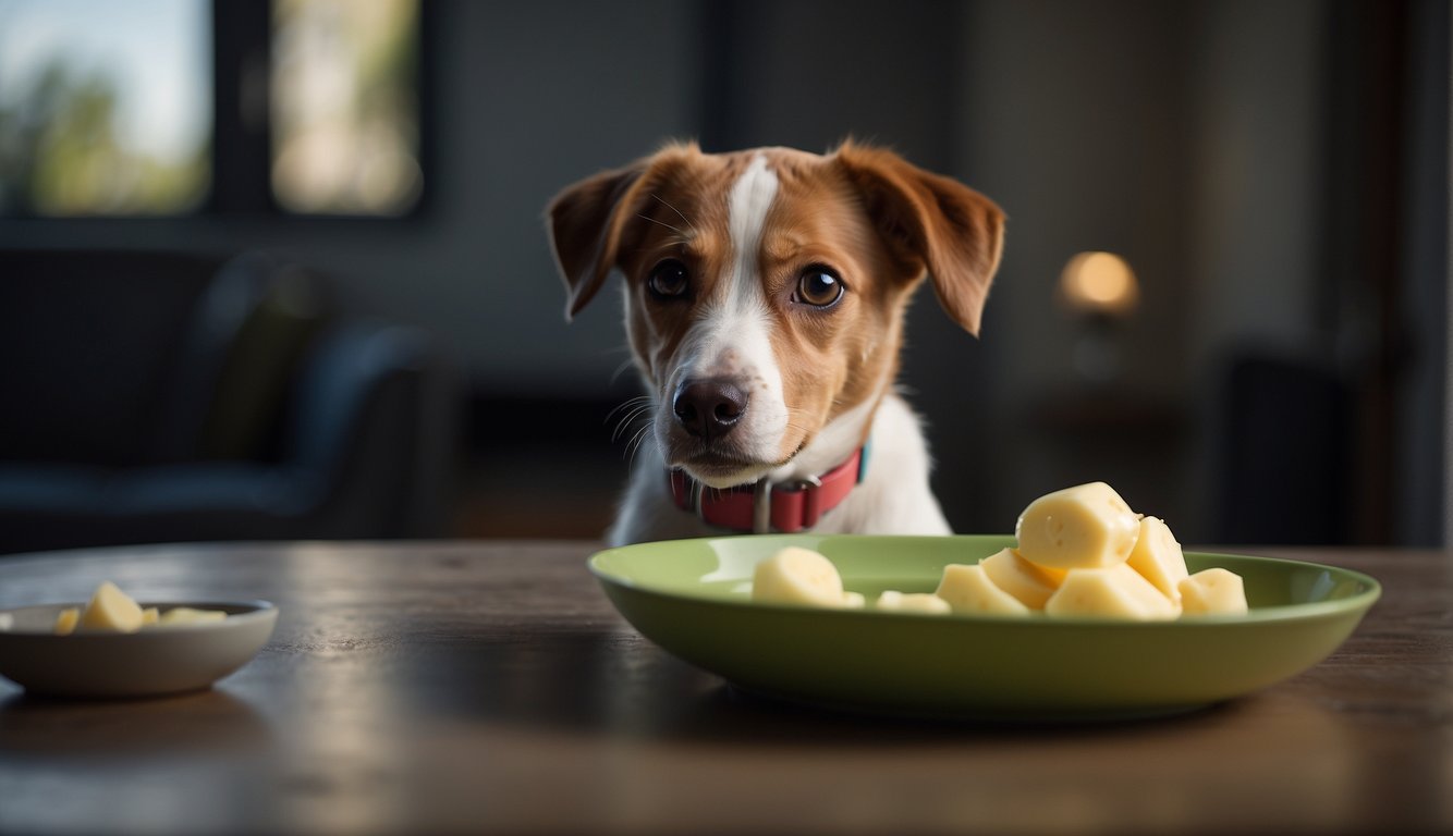 A dog eagerly lapping up a bowl of colostrum, tail wagging and eyes bright with anticipation. A sense of vitality and strength exudes from the dog's posture