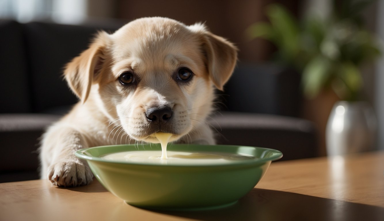 A dog eagerly lapping up colostrum from a bowl, wagging its tail with a relaxed and content expression on its face