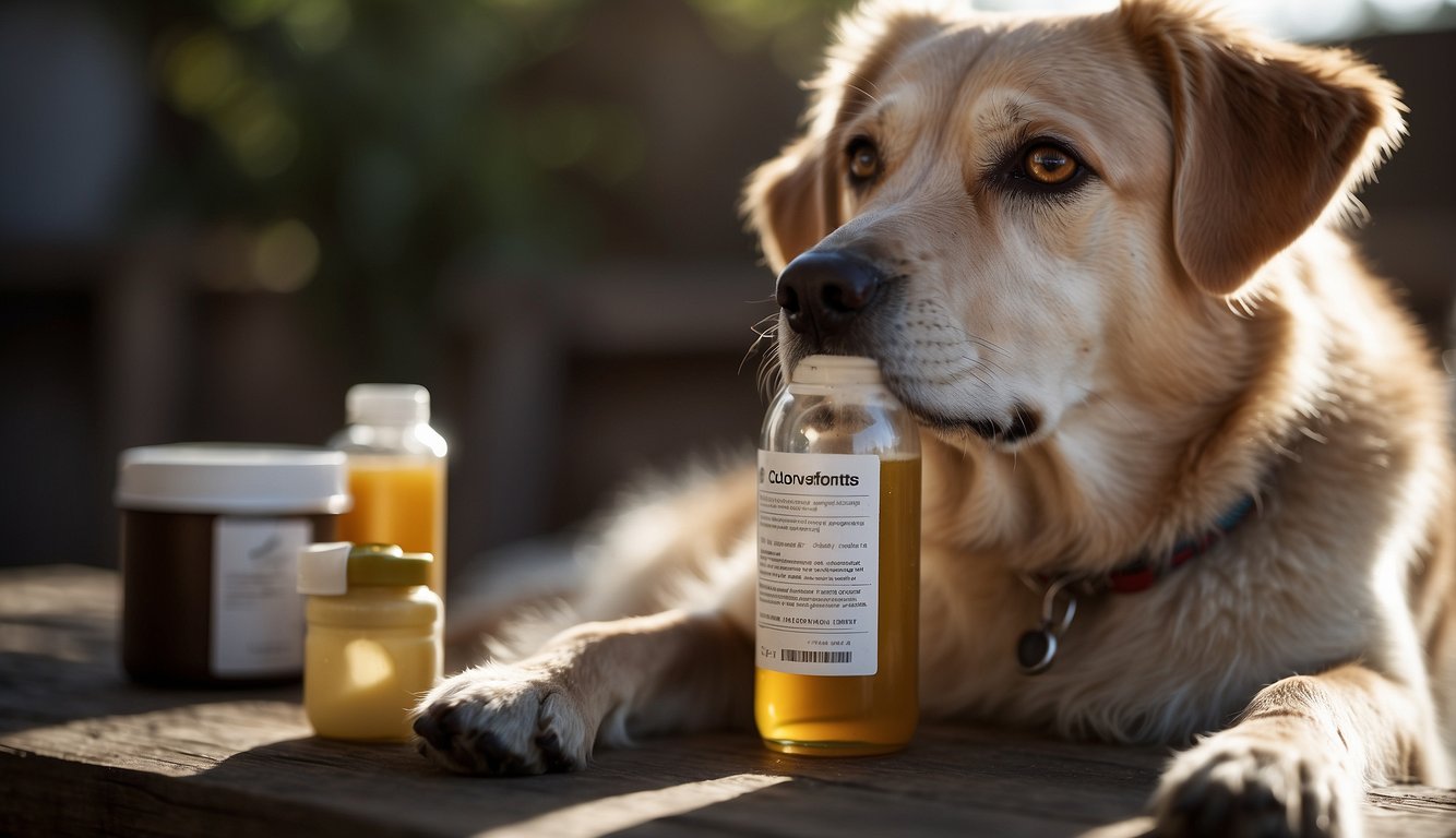 A dog with a wagging tail and bright eyes, surrounded by a bottle of colostrum and a list of potential side effects
