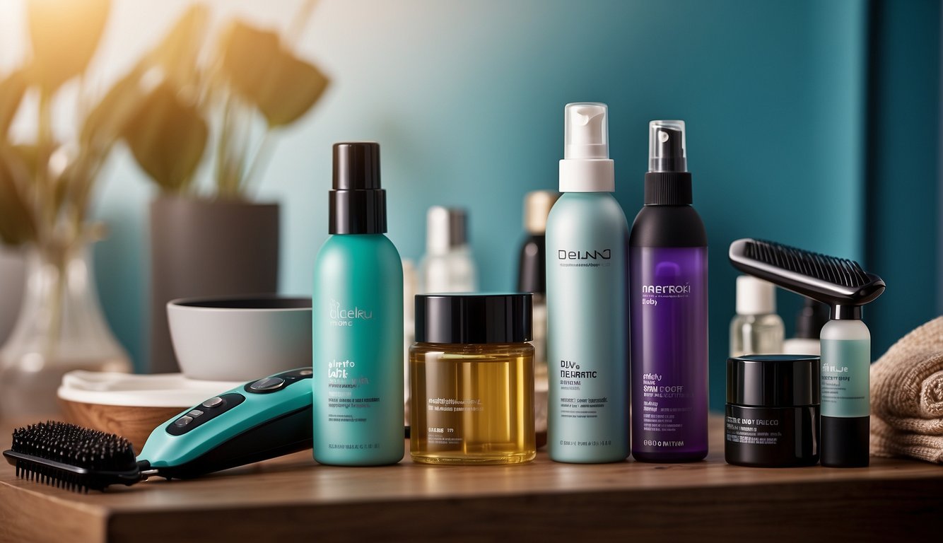 A table with various styling tools and products for wavy hair: curling iron, diffuser, sea salt spray, hair oil, and a wide-tooth comb