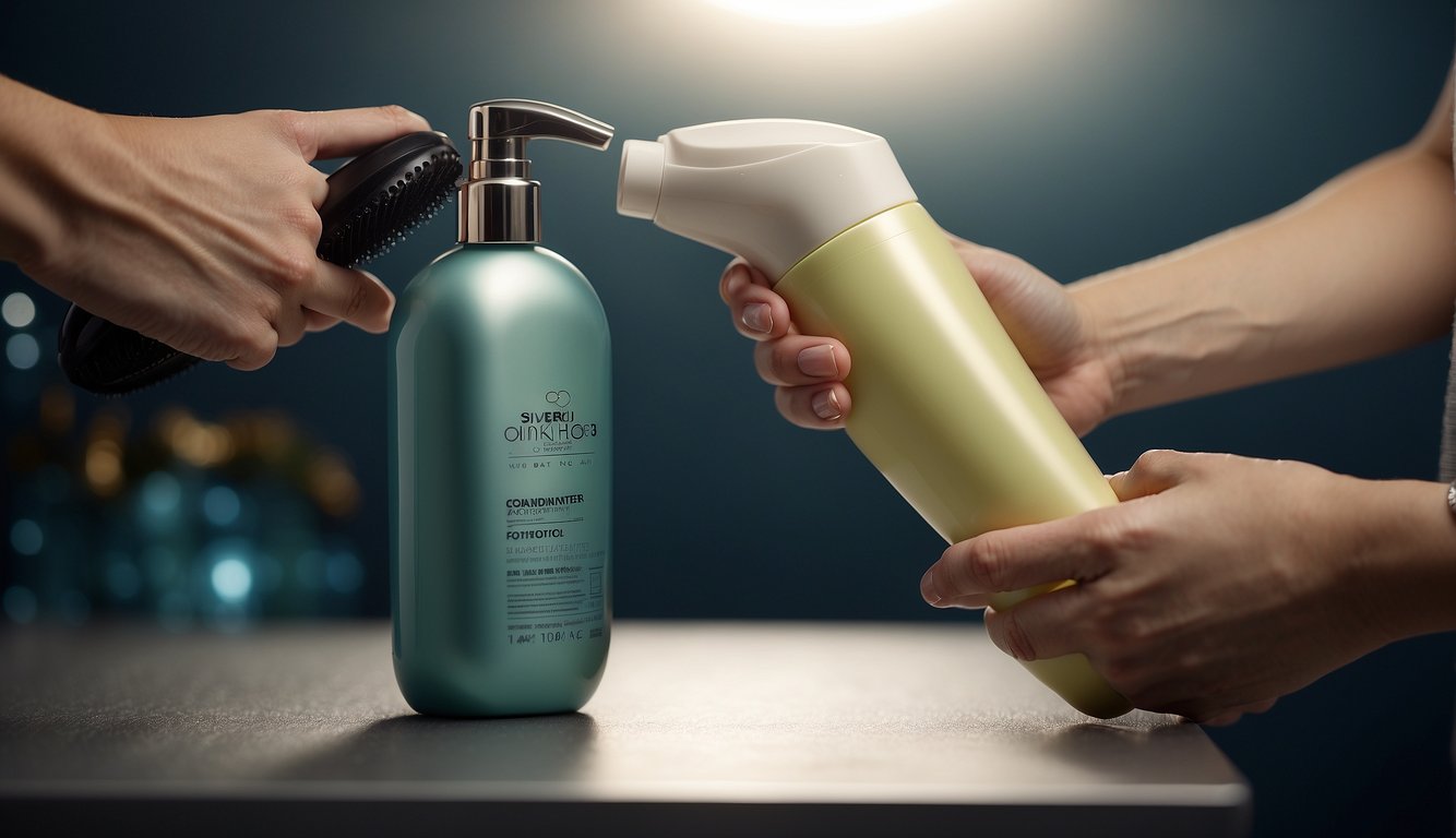 A bottle of conditioner squeezing into a hand, wavy hair being combed through with fingers, a diffuser attachment on a blow dryer