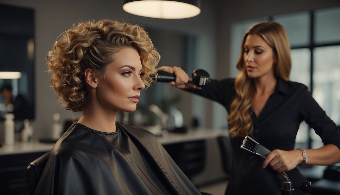 A model with wavy hair sits in a salon chair, while a stylist demonstrates advanced techniques using various styling tools and products