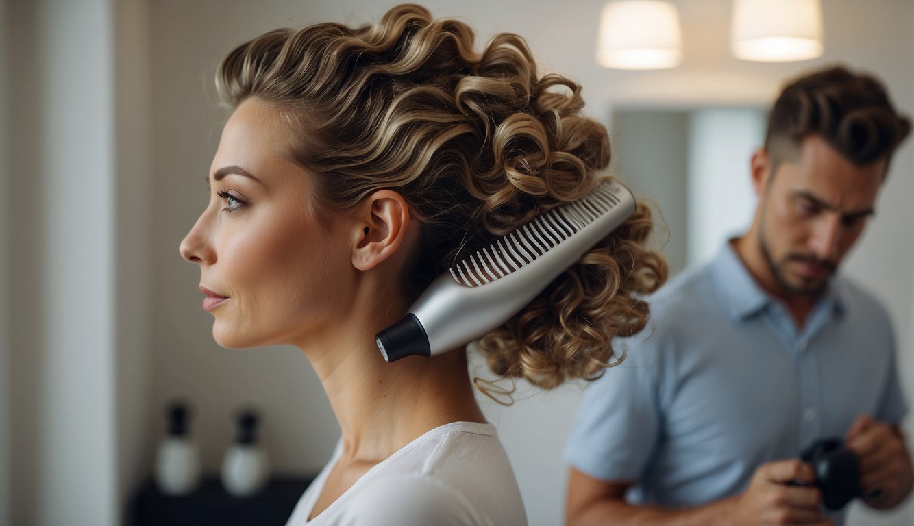 Wavy hair being styled with a wide-tooth comb and a curl-enhancing product, with a diffuser attached to a blow dryer for gentle drying