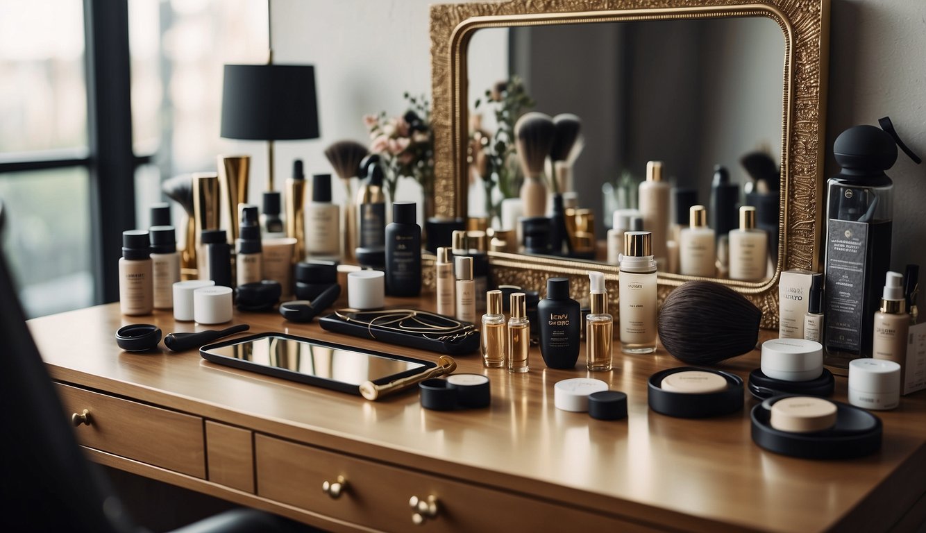 A table with various hair accessories and styling products arranged neatly, with a mirror reflecting the wavy hair styled with finishing touches