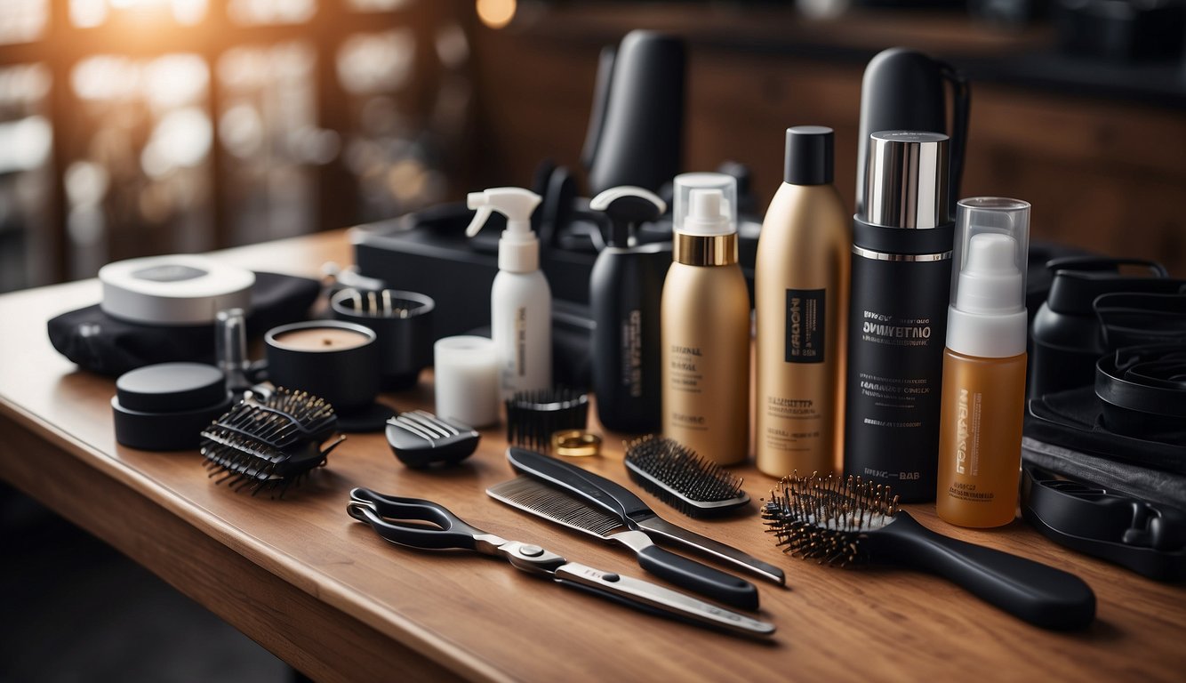 A table with styling tools and products for short hair with bangs. Scissors, combs, hairspray, and a variety of hair products neatly organized on the table