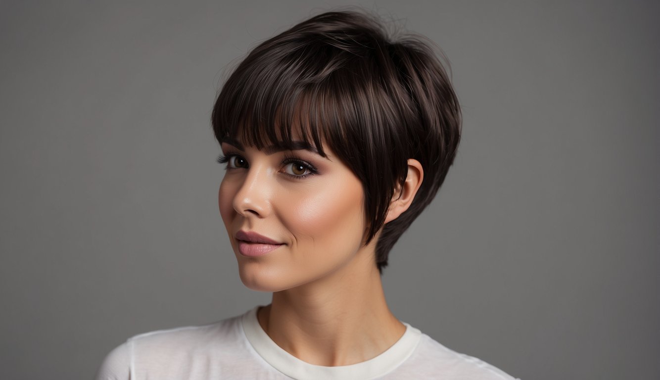 A model with short hair showcases various fringe styles, from blunt to wispy, demonstrating how to style bangs for different looks