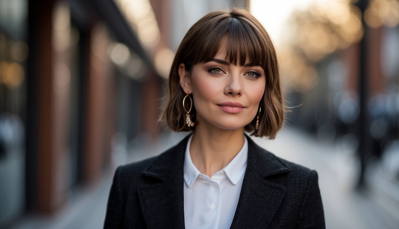 A woman with short hair and bangs styled in a modern and chic way, exuding confidence and sophistication