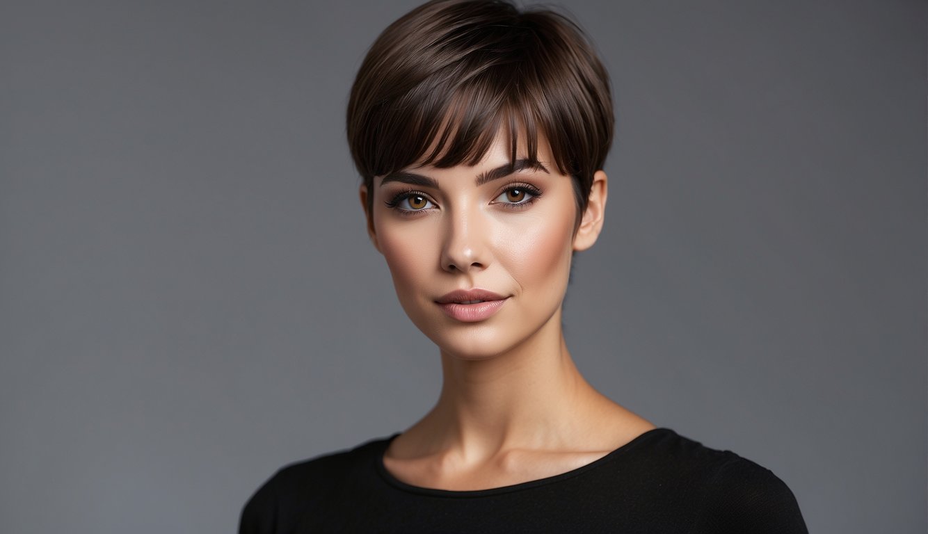 A woman's short hair with bangs styled effortlessly, using minimal products and tools. Hair is sleek and chic, with a natural and easy look