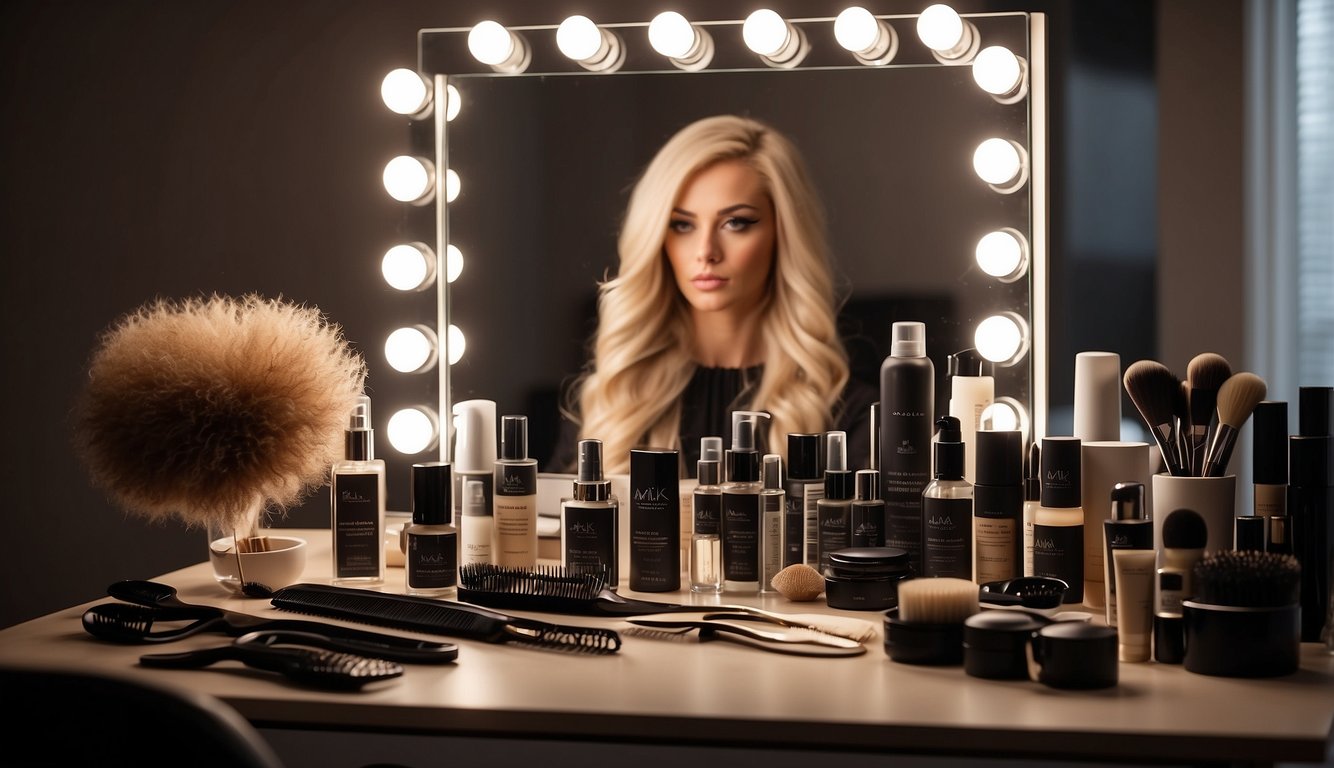 A table with hair extensions, combs, and styling products. A mirror reflects the tools, and a natural hair mannequin head awaits styling