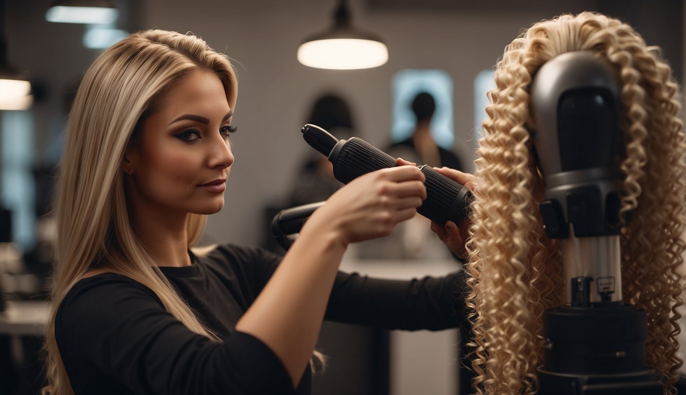 A hairstylist seamlessly attaches extensions to a mannequin head, expertly blending them with natural hair