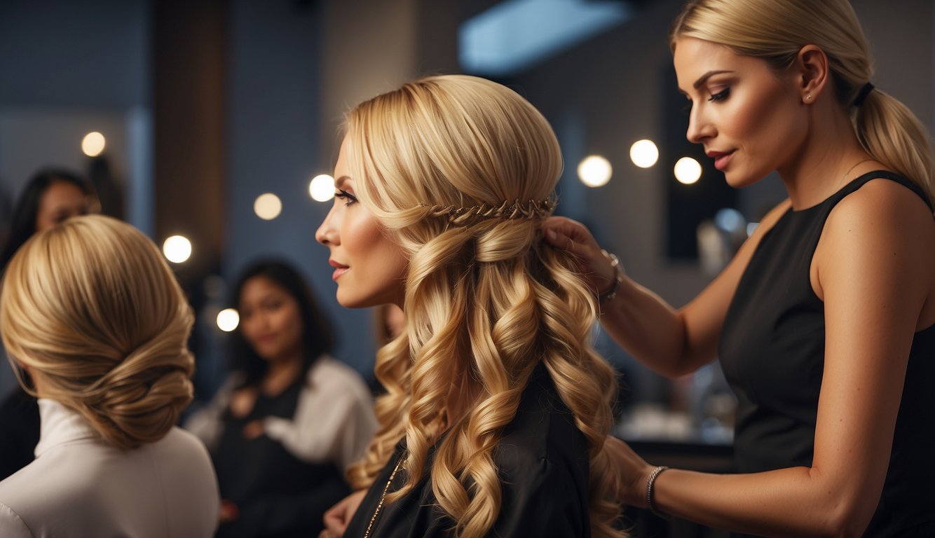 A hairstylist carefully arranging hair extensions on a mannequin head for a special event