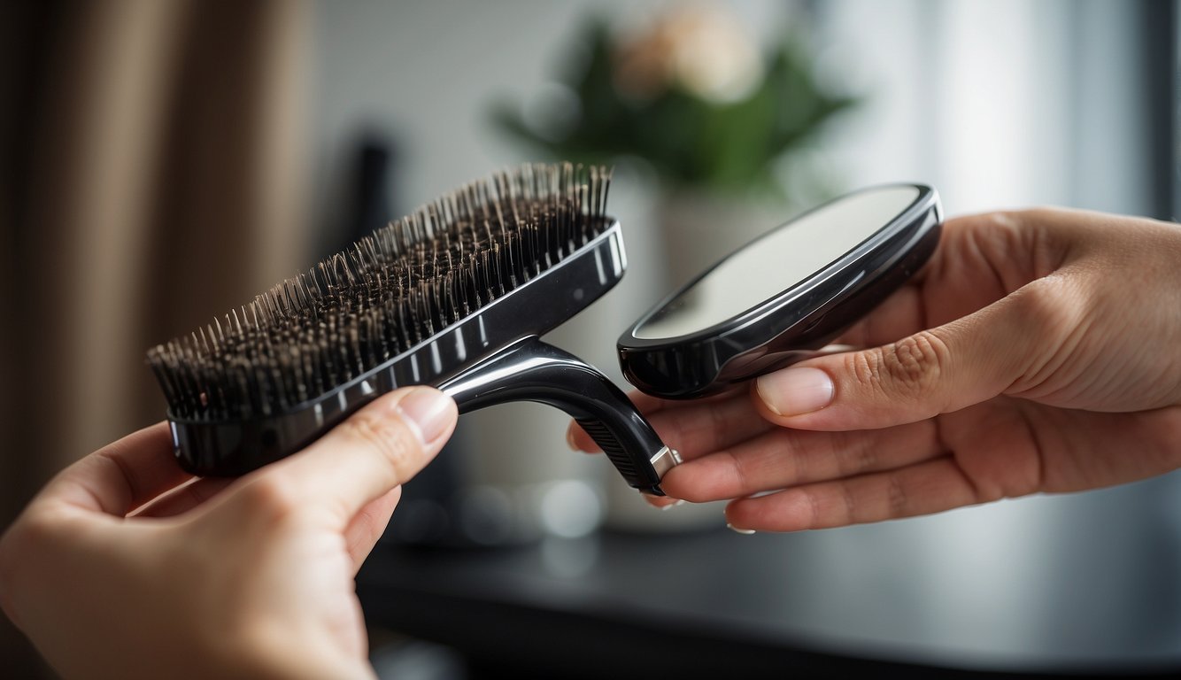 A hand holds a hairbrush, gently styling long hair extensions. A mirror reflects the process, showcasing the care and maintenance of the extensions