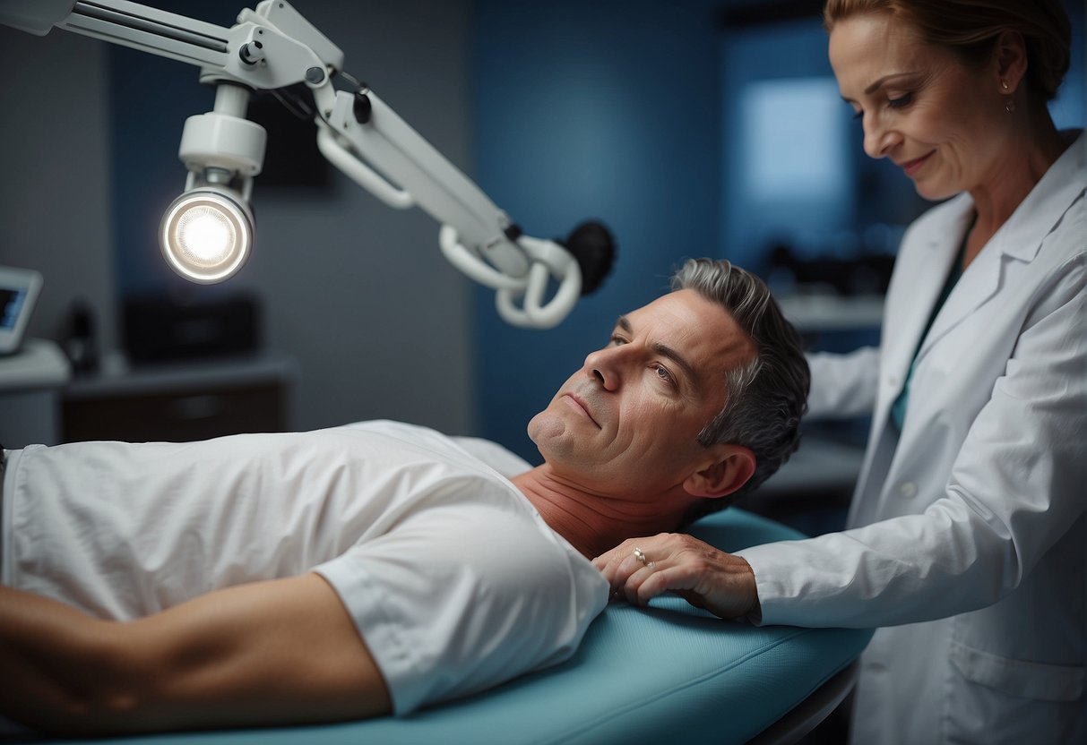 A patient lying on a treatment table, receiving a non-invasive bulging disc treatment from a chiropractor using specialized equipment