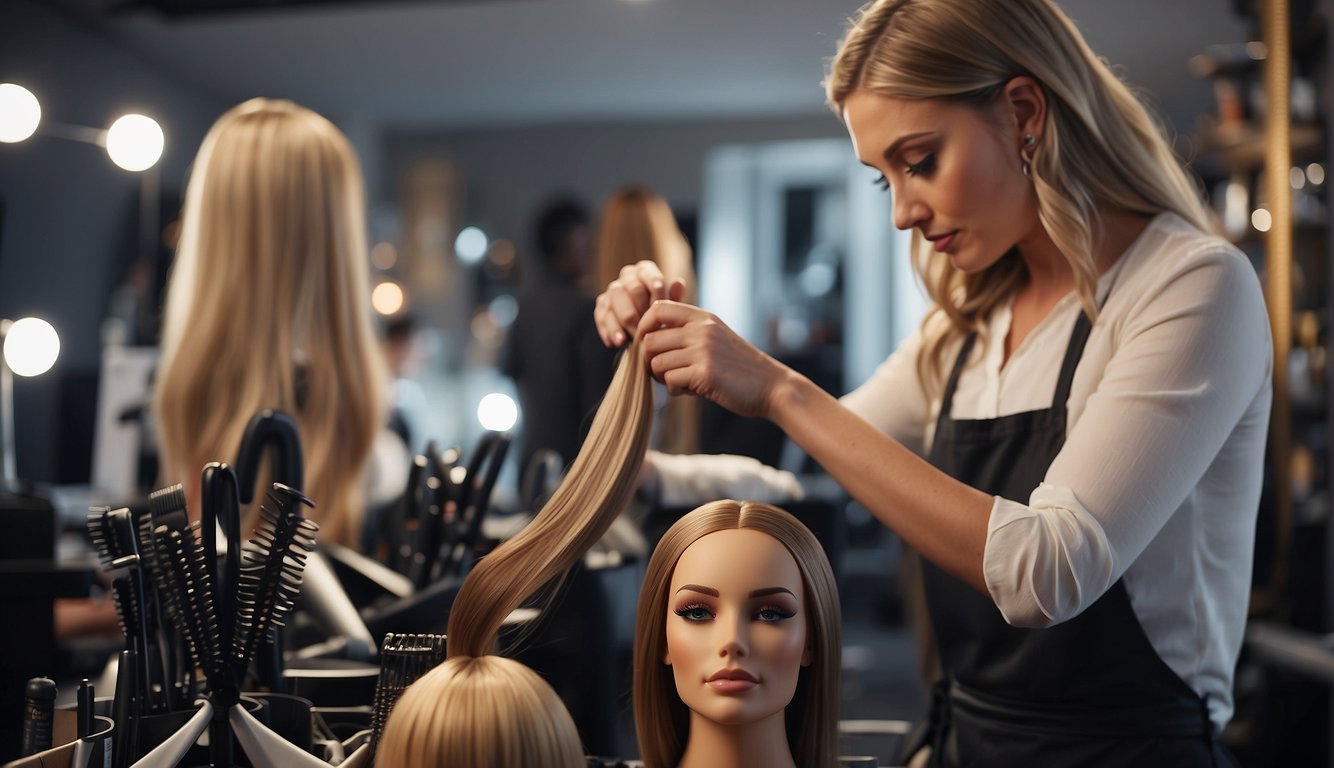 A stylist arranging hair extensions on a mannequin head, surrounded by tools and products. Tutorial screens and expert advice visible in the background