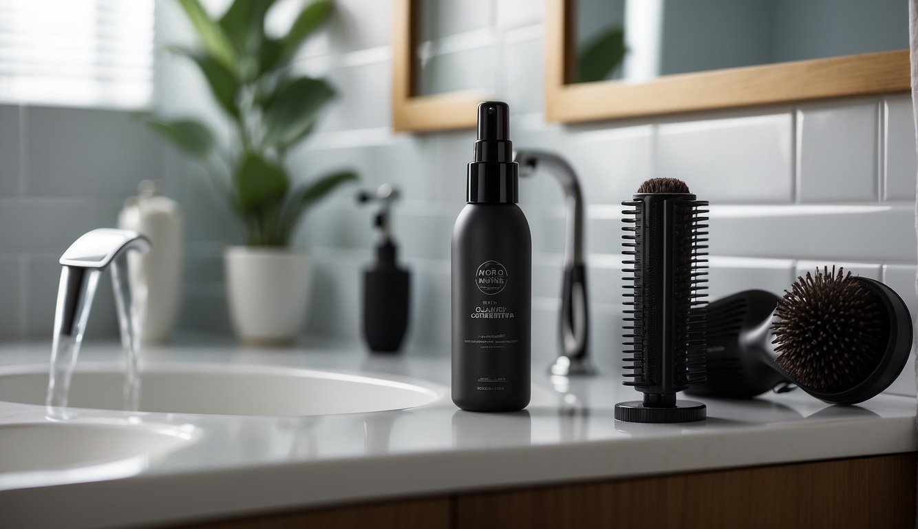 A bottle of styling mousse sits open on a bathroom counter, next to a wide-tooth comb and a diffuser attachment for a hair dryer