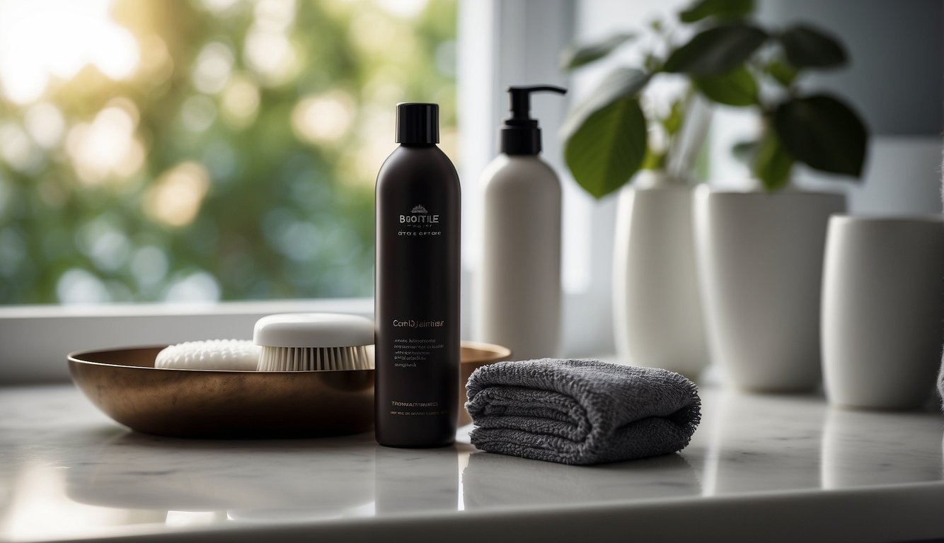 A bathroom counter with a bottle of styling mousse, a wide-tooth comb, and a hair diffuser. A towel hangs nearby