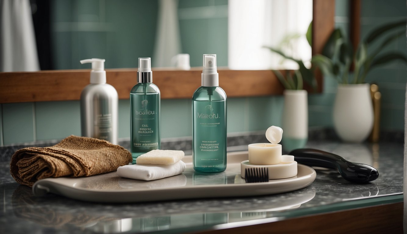 A bathroom counter with a bottle of curl-enhancing spray, a wide-tooth comb, and a silk scarf laid out next to a mirror