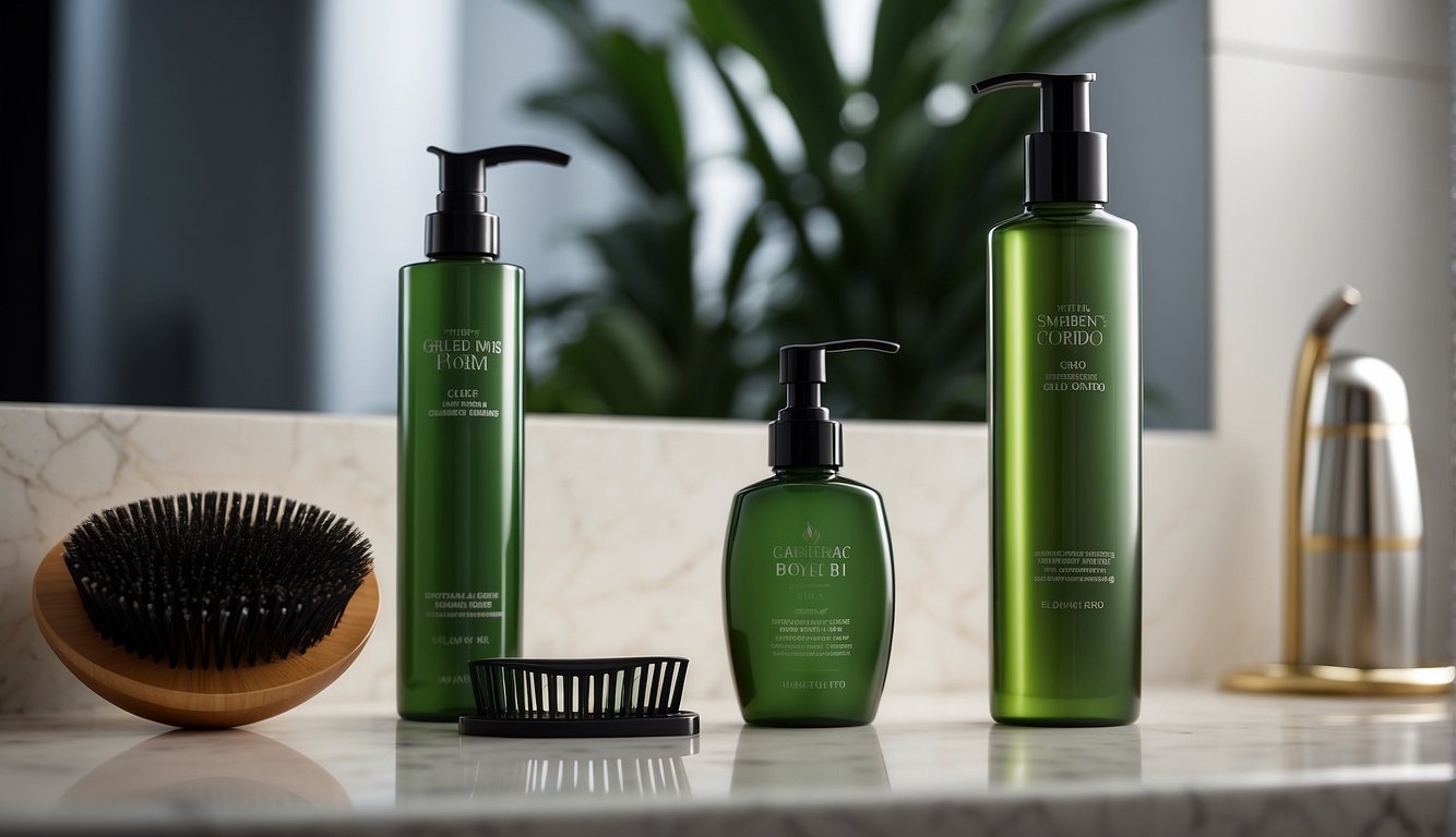 How to Style Thick Hair Men: A bottle of shampoo, conditioner, and styling gel arranged on a bathroom counter next to a comb and hairbrush