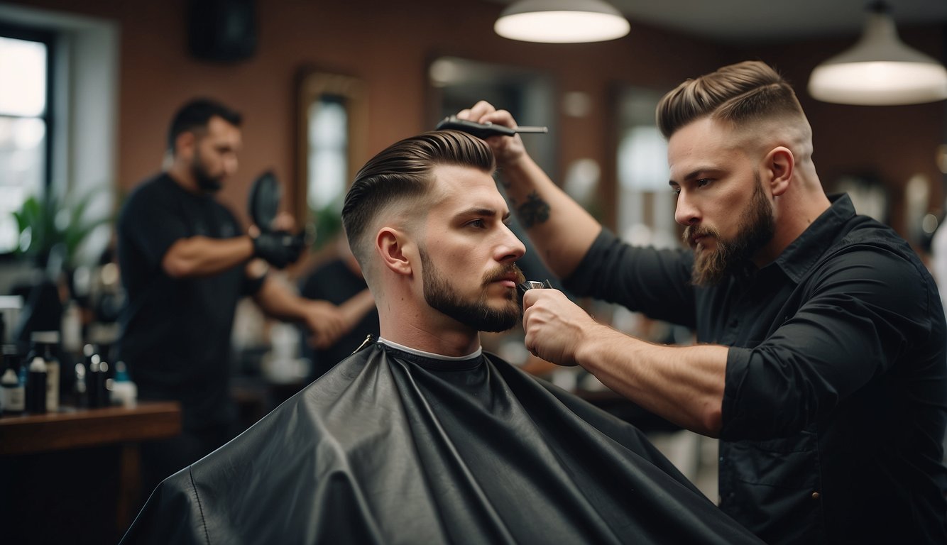 A barber expertly trims thick hair, using texturizing techniques and styling products