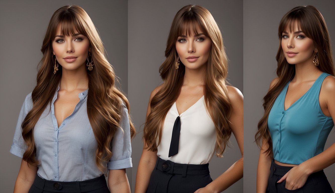 A model with long hair and bangs, showcasing different styles for various occasions, such as casual, formal, and sporty looks