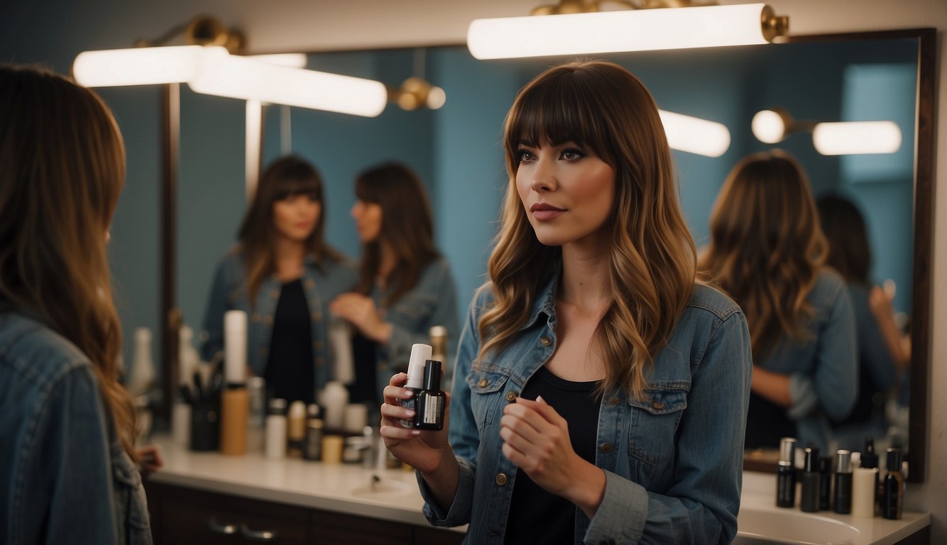 A woman with long hair and bangs, wearing layered clothing, stands in front of a mirror, styling her hair with various hair products and tools