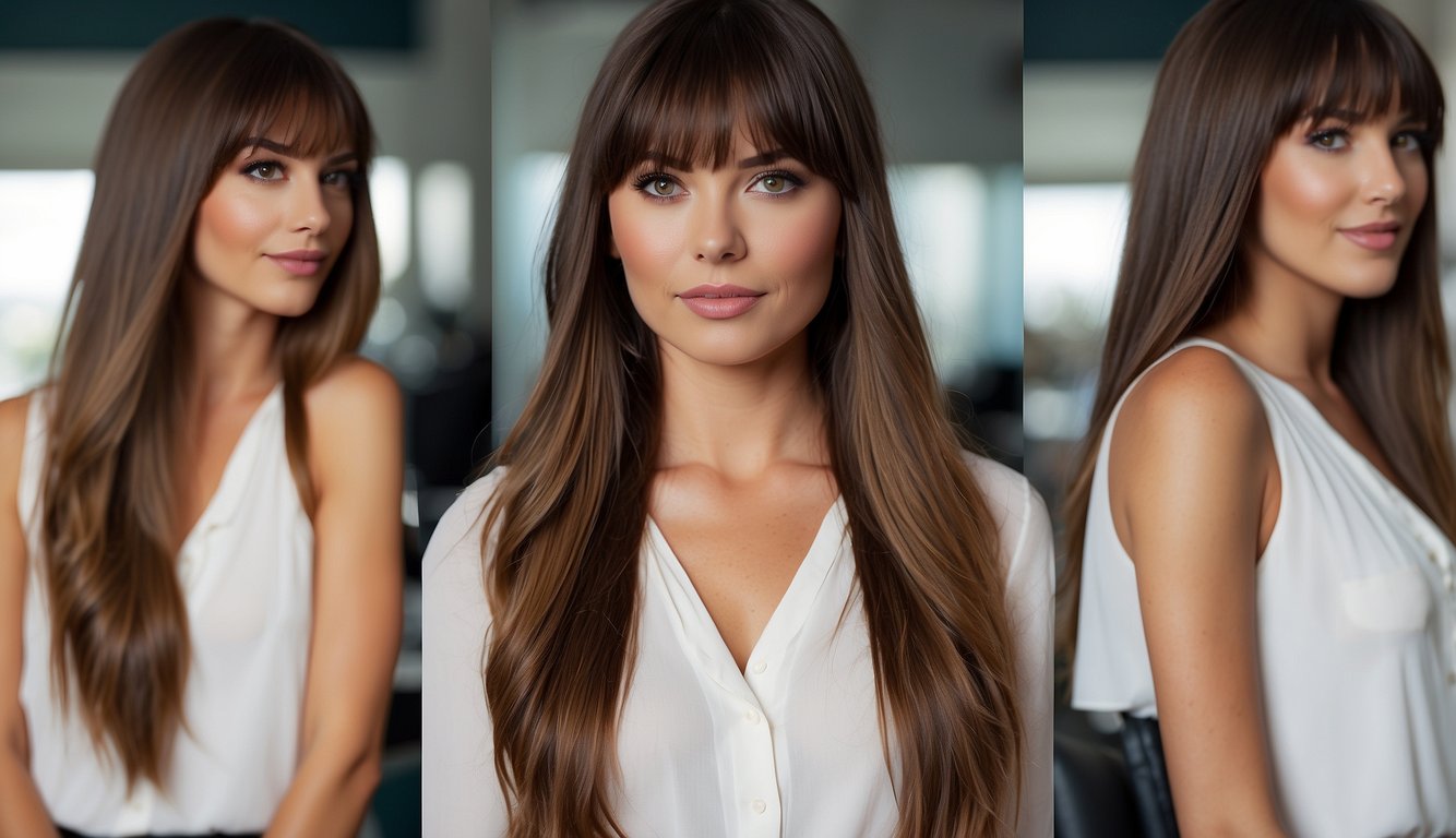 Long hair with bangs, styled in a sleek, straight look before transforming into loose, beachy waves after a makeover
